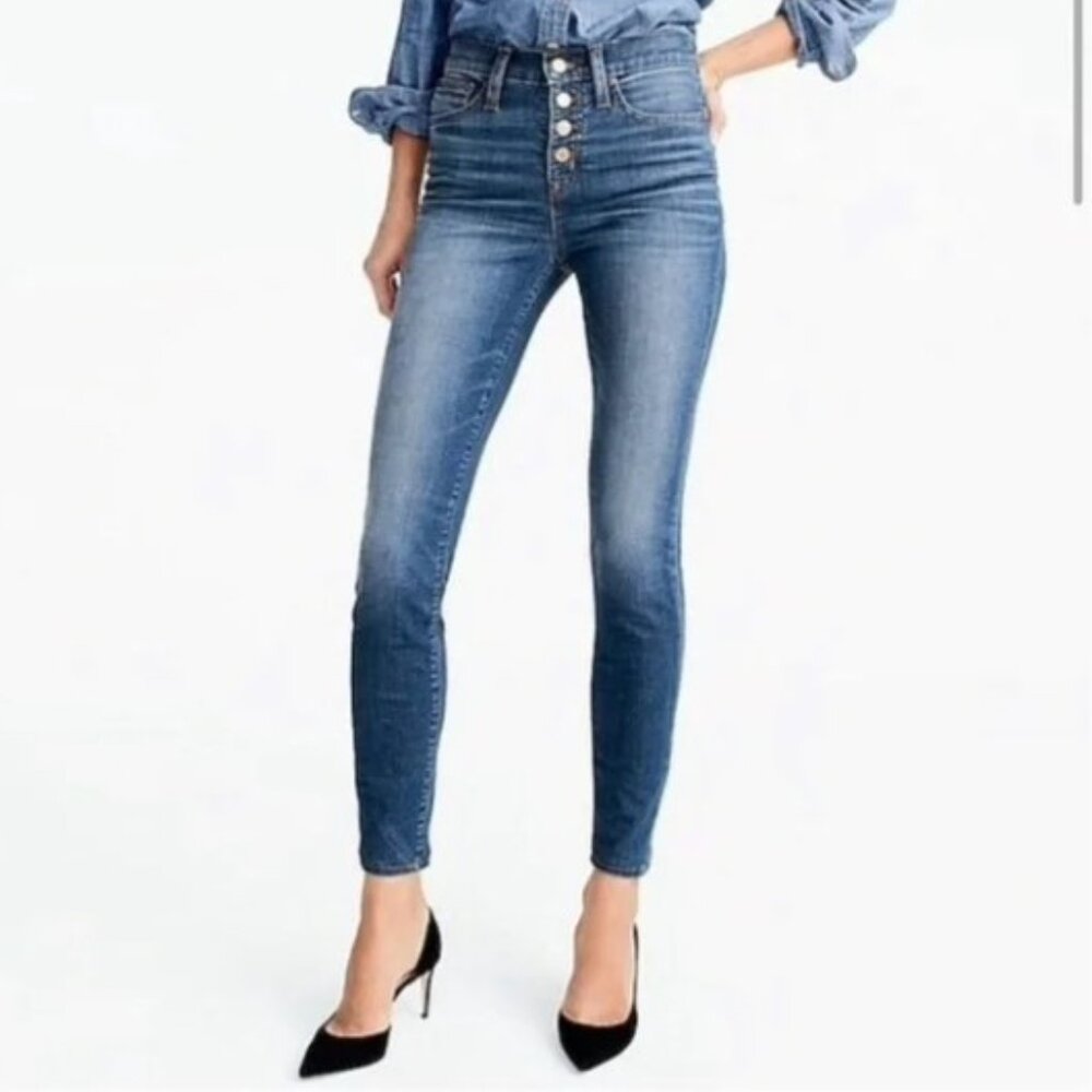 J. Crew High Rise Button Skinny Jeans Frayed Ankles 27 - Picture 1 of 7